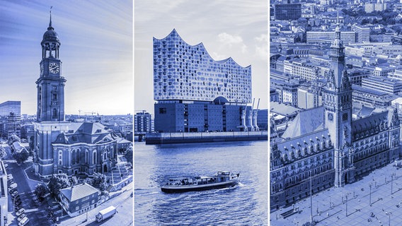 Eine Collage aus blau getönten Fotos von drei Hamburger Wahrzeichen: Michel, Elphi und Rathaus. © picture alliance / imageBROKER | Joko; Foto: Joko