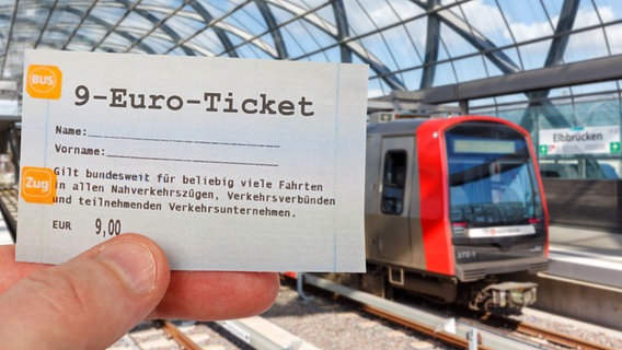 Neun-Euro-Ticket vor einer U-Bahn in Hamburg,  