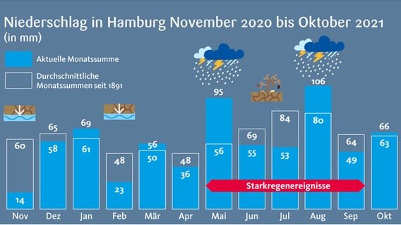 Eine Grafik von Hamburg Wasser zeigt die Niederschlagsmengen im hydrologischen Jahr 2020/2021. © Hamburg Wasser 