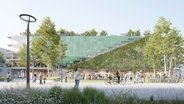 So wie in dieser Visualisierung sollen die Parkhäuser - sogenannte Mobility Hubs - im neuen Hamburger Stadtteil Oberbillwerder aussehen. © IBA Hamburg GmbH 