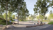 Eine Visualisierung zeigt den Auenspielplatz im "Grünen Loop" des zukünftigen Hamburger Stadtteils Oberbillerwerder. © Atelier Loidl Landschaftsarchitekten Berlin GmbH 