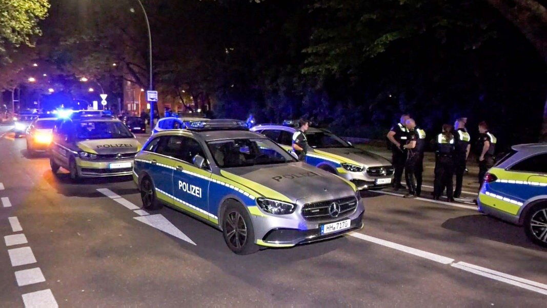 Mehrere Einsatzfahrzeuge der Polizei stehen auf einer Straße in Hamburg.