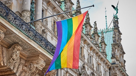 Eine Regenbogenflagge hängt über dem Eingang des Hamburger Rathauses. © Georg Wendt/dpa 