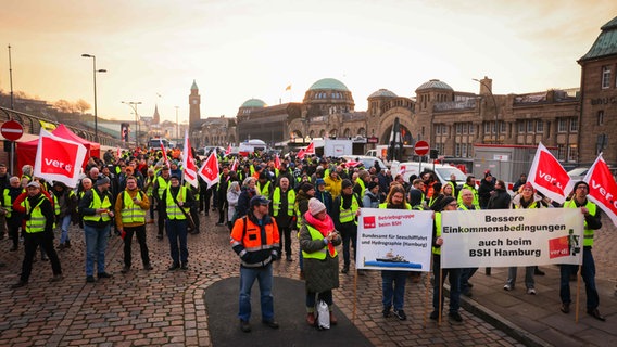 Zahlreiche Mitarbeiterinnen und Mitarbeiter des öffentlichen Dienstes stehen bei einem Warnstreik in Hamburg an den Landungsbrücken vor dem Alten Elbtunnel. © picture alliance / dpa Foto: Christian Charisius