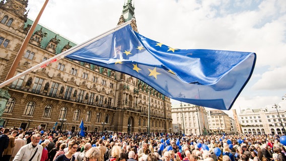 Demonstrierende Menschen halten auf dem Hamburger Rathausmarkt Europafahnen © dpa - Bildfunk Foto: Daniel Bockwoldt