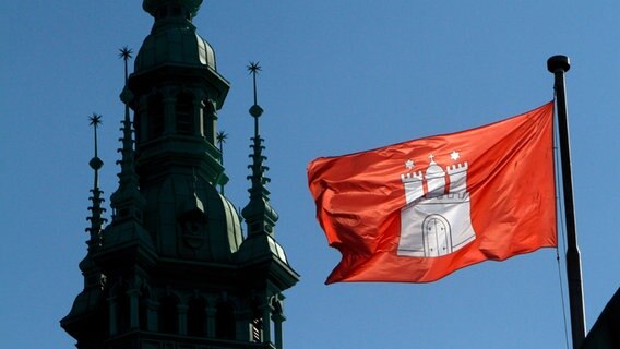 Die Landesflagge weht auf dem Dacht des Hamburger Rathauses © IMAGO / Ralph Peters Foto: IMAGO / Ralph Peters