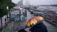 Zwei Passanten schützen sich an den Landungsbrücken mit Regenschirmen vor dem Dauerregen. © picture alliance/dpa | Marcus Brandt Foto: Marcus Brandt