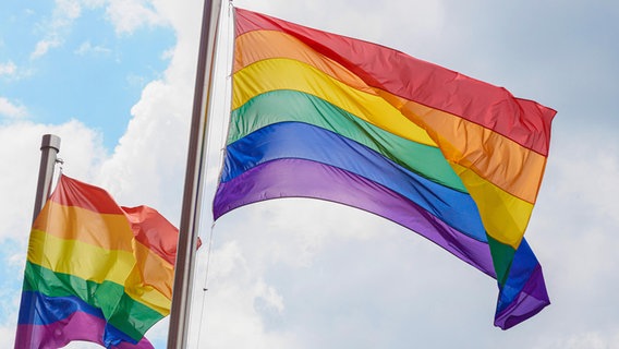 Zwei Regenbogenfahnen wehen im Wind. © epd-bild Foto: Christian Ditsch