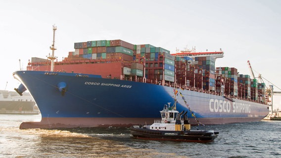 Das Containerschiff "Cosco Shipping Aries" läuft in den Hamburger Hafen ein. © dpa Foto: Daniel Bockwoldt