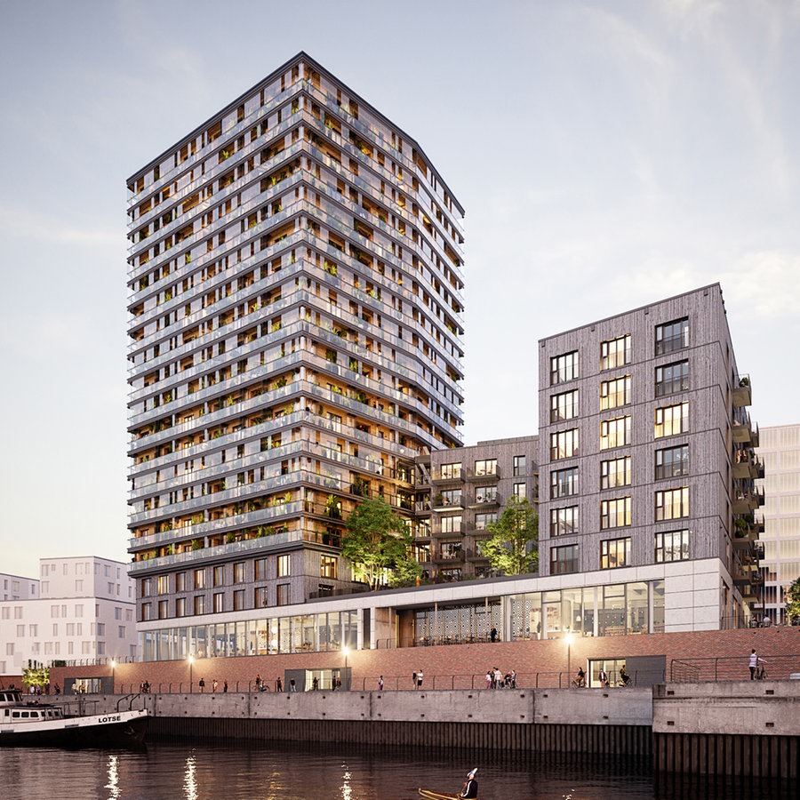 So wie in dieser Visualisierung soll das Holzhaus "Roots" in der Hamburger Hafencity aussehen. © Garbe Immobilien-Projekte, Störmer Murphy and Partners / altshift 