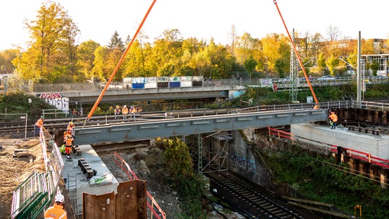 Teile einer Brücke werden auf der Baustelle der neuen S-Bahn-Linie 4 im Stadtteil Marienthal mit einem Kran eingehoben. Die neue S4 soll bis 2029 Hamburg mit Bad Oldesloe verbinden. © picture alliance / dpa Foto: Daniel Bockwoldt