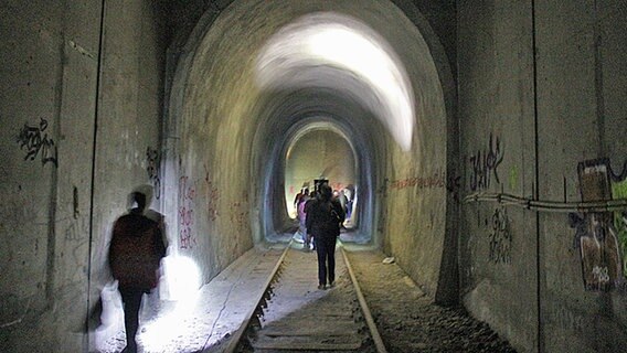 Mit Taschenlampen angeleuchteter Schellfischtunnel. © NDR Foto: Daniel Sprenger