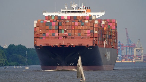 Ein Segelboot ist auf der Elbe bei Blankenese vor einem riesigen Containerschiff der Hamburger Reederei Hapag-Lloyd zu sehen. © picture alliance / dpa Foto: Marcus Brandt