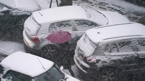 Eine Person geht in Hamburg mit einem Regenschirm zwischen mit Schnee bedeckten Autos entlang. © picture alliance/dpa Foto: Marcus Brandt