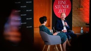 Bundeskanzler Olaf Scholz (SPD) spricht auf der Bühne im Audimax der Universität Hamburg mit zwei Journalisten von der "Zeit". © Jonas Walzberg/dpa 