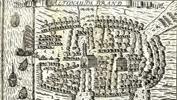 Zeichnung der Stadt Altona im Jahr 1713 nach dem "Schwedenbrand"- anstelle der früheren Häuser sind an vielen Stellen Rauchwolken eingezeichnet. © Altonaer Museum für Kunst und Kulturgeschichte 