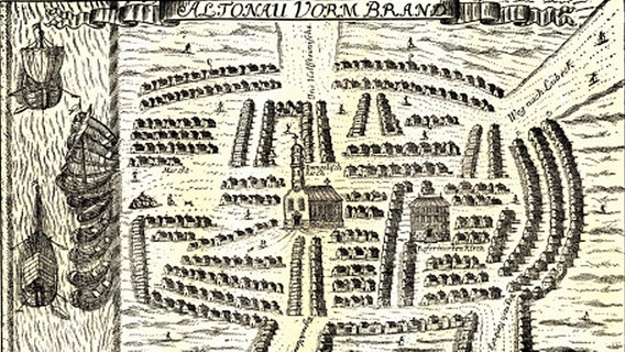 Zeichnung der Stadt Altona im Jahr 1713 vor dem "Schwedenbrand" © Altonaer Museum für Kunst und Kulturgeschichte 