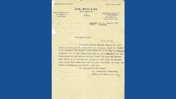 Telegramm des Schiffsmaklers Carl Bock & Co an die Frau von Carl Christian Silck vom 14.12.1920 © privat 