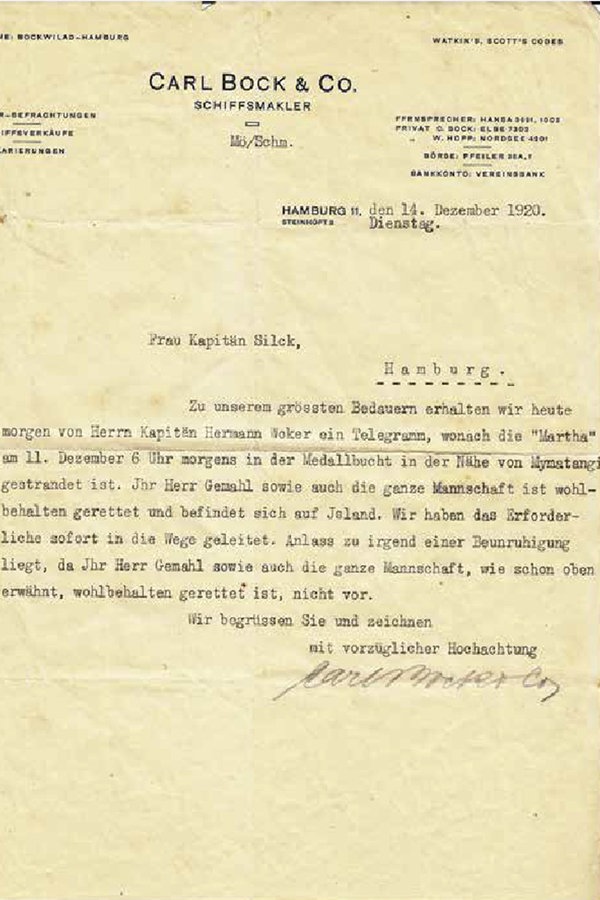 Telegramm des Schiffsmaklers Carl Bock & Co an die Frau von Carl Christian Silck vom 14.12.1920 © privat 