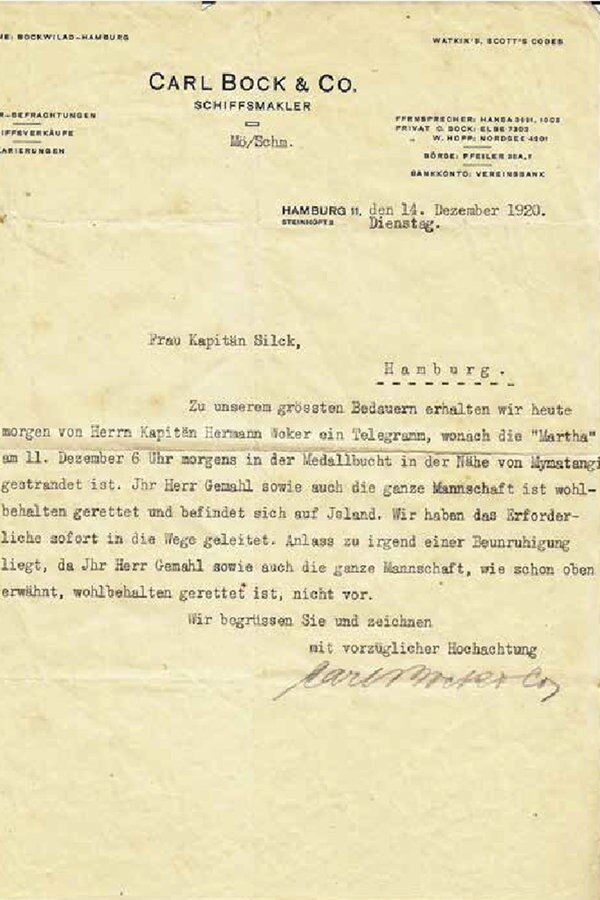 Telegramm des Schiffsmaklers Carl Bock & Co an die Frau von Carl Christian Silck vom 14.12.1920 Telegramm des Schiffsmaklers Carl Bock & Co an die Frau von Carl Christian Silck vom 14.12.1920 © privat