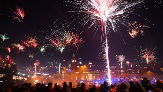 Zahlreiche Menschen feiern den Jahreswechsel in Hamburg an den Landungsbrücken am Hafen. © dpa Foto: Christel Köster