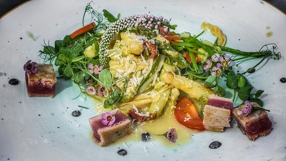 Spargelnudeln mit gebratenem Tunfisch und Salat auf einem Teller angerichtet. © NDR Foto: Dave Hänsel