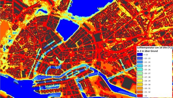 Eine Karte zeigt die Lufttemperatur im Bereich Hamburger Innenstadt/St. Georg zum Zeitpunkt 14 Uhr mittags. Eine Karte zeigt die Lufttemperatur im Bereich Hamburger Innenstadt/St. Georg zum Zeitpunkt 14 Uhr mittags. © Hamburger Umweltbehörde