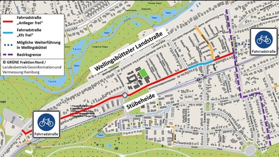 Eine Karte zeigt die von Grünen und SPD in Hamburg-Nord vorgeschlagenen Verlauf einer Fahrradstraße in Hamburg-Klein Borstel. © Reiffert/Grüne/Fraktion-Nord 
