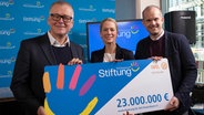 Drei Menschen halten einen Scheck über 23 Millionen Euro in den Händen. © picture alliance/dpa /Deutsche Fernsehlotterie Foto: Deutsche Fernsehlotterie