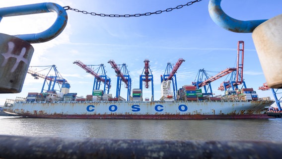 Das Containerschiff "Cosco Pride" der chinesischen Reederei Cosco Shipping liegt am Containerterminal Tollerort. © dpa Foto: Jonas Walzberg