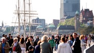 Spaziergänger sind im Sonnenschein an den Hamburger Landungsbrücken am Hafen an der Elbe unterwegs. © picture alliance/dpa Foto: Daniel Bockwoldt