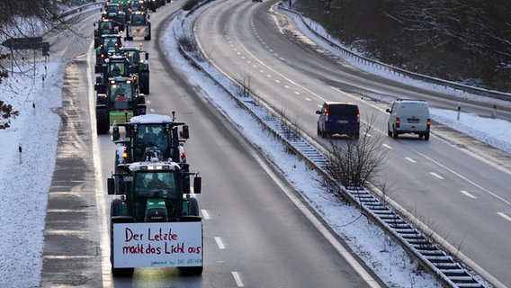 Traktoren fahren während einer Sternfahrt im Rahmen der Aktionswoche des Bauernverbands auf der Bundesstraße B5 in Richtung Innenstadt. © Marcus Brandt/dpa Foto: dpa-Bildfunk