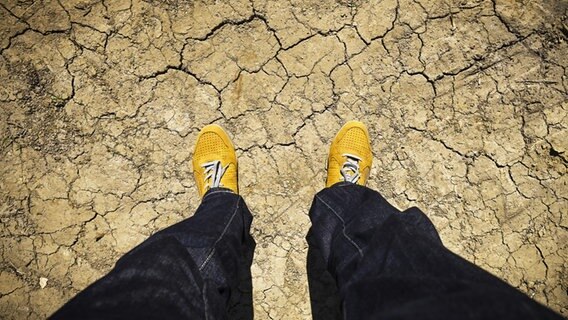 Ein Mensch steht auf trockener, gebrochener Erde. © picture alliance / CHROMORANGE Foto: Christian Ohde