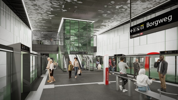 Eine Visualisierung zeigt den geplanten U5-Bahnsteig an der Haltestelle Borgweg. © Hamburger Hochbahn 