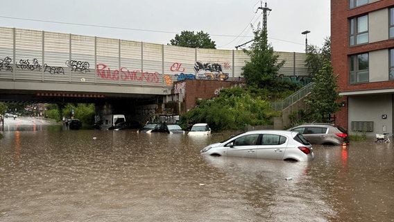 Mehrere Autos stehen bei Regen in einer überfluteten Straße der Unterführung Alte Wöhr in Hamburg-Barmbek. © Steven Hutchings/TNN/dpa 