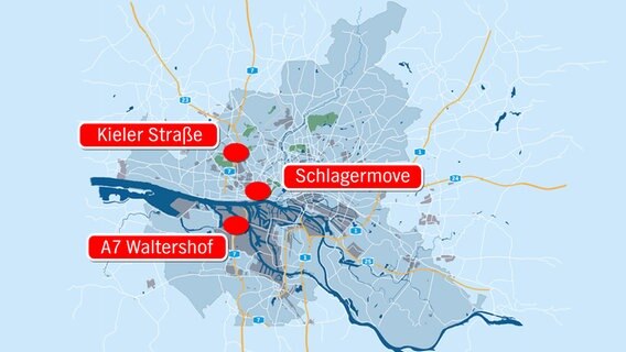 Auf einer Karte von Hamburg sind Bereiche markiert, in denen am Wochenende vom 1. bis 3. Juli 2022 Staus drohen. © NDR 
