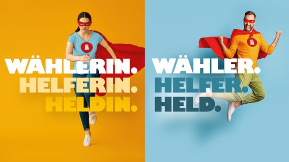Ein Plakat zeigt zwei Motive, mit denen Hamburg Wahlhelfer für die Europa- und Bezirkswahlen 2024 sucht. © Behörde für Wissenschaft, Forschung, Gleichstellung und Bezirke 