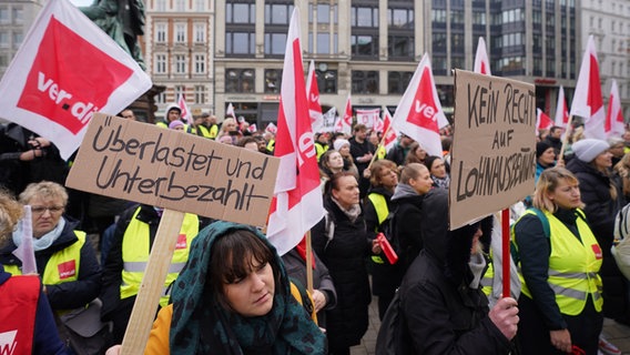 Streikteilnehmer und -nehmerinnen protestieren mit Fahnen und Plakaten vor der Hamburger Finanzbehörde. © dpa Foto: Marcus Brandt