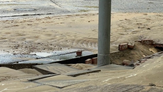 Mehrere Einsatzkräfte der Polizei stehen aufgrund eines Wasserrohrbruchs vor einem Gebäude. © HamburgNews 