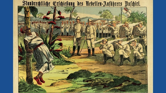 Eine Darstellung der Erschießung des "Rebellen-Anführers Duschiri" am 15. Dezember 1889 durch deutsche Kolonialtruppen in Deutsch-Ostafrika - in Anwesenheit von "Major Wissmann".  