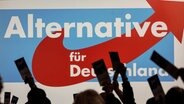 Menschen halten vor dem Plakat der AfD ihre Stimmkarten hoch. © picture alliance/dpa | Swen Pförtner Foto: Swen Pförtner