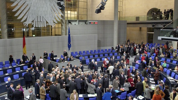 Die Abgeordneten des Bundestages stimmen am 22.12.2001 im Berliner Reichstag ab. 538 Abgeordnete stimmten in der Sondersitzung des Parlaments für die Entsendung von 1.200 Soldaten nach Afghanistan im Rahmen des UN-Mandats zur internationalen Sicherheitspräsenz. © picture-alliance / ZB | Bernd Settnik 