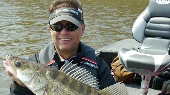 Ein Angler hat im Hamburger Hafen einen Zander gefangen. © Pro Guiding Foto: Pro Guiding