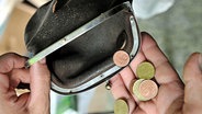 Eine Frau nimmt ein paar Münzen aus einer zerrissenen Geldbörse in die Hand. © picture-alliance/ ZB Foto: Hans Wiedl
