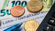 Eine Verdienstabrechnung, Cent-Münzen und Euro-Scheine liegen auf einem Tisch neben einem Stift und einem Taschenrechner. © picture alliance 