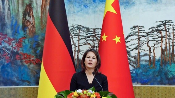 Außenministerin Annalena Baerbock spricht im Staatsgästehaus Diaoyutai in Peking während einer gemeinsamen Pressekonferenz mit dem chinesischen Außenminister Gang. © Soeren Stache/dpa 