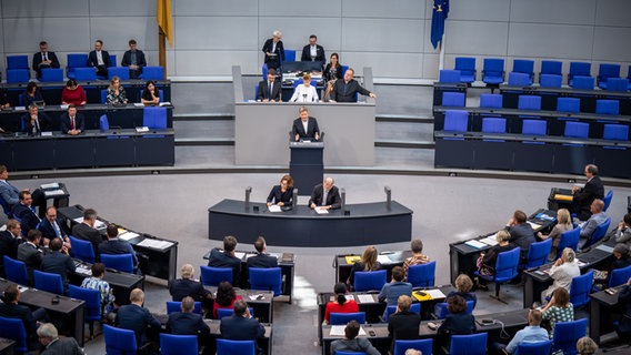Robert Habeck (Bündnis 90/Die Grünen), Bundesminister für Wirtschaft und Klimaschutz, spricht im Bundestag. © dpa Foto: Michael Kappeler