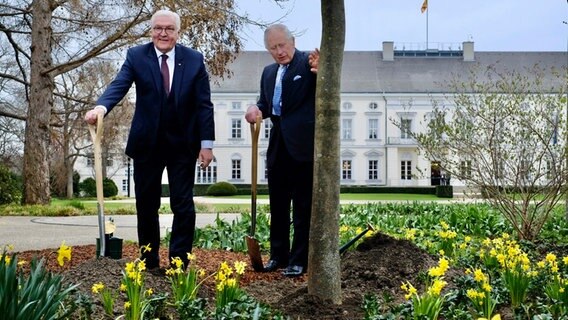 König Charles III. und Frank-Walter Steinmeier pflanzen zu Ehren der Queen eine Manna-Esche im Park von Schloss Bellevue in Berlin. © TILL BUDDE/Britische Botschaft Berlin/obs 