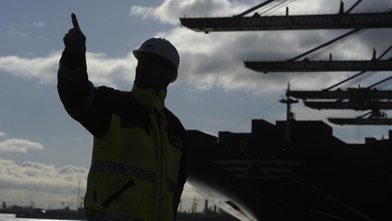 Ein Hafenarbeiter zeigt auf etwas vor einem Containerschiff © dpa - Bildfunk Foto: Marcus Brandt