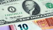 Ein 10-US-Dollar Geldschein liegt auf einem 10-Euro Geldschein. © picture alliance / FotoMedienService Foto: Ulrich Zillmann
